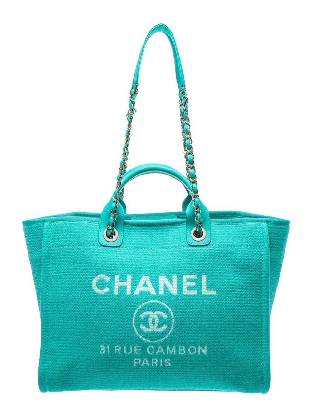 CHANEL Turquoise Deauville Tote With Small Pouch